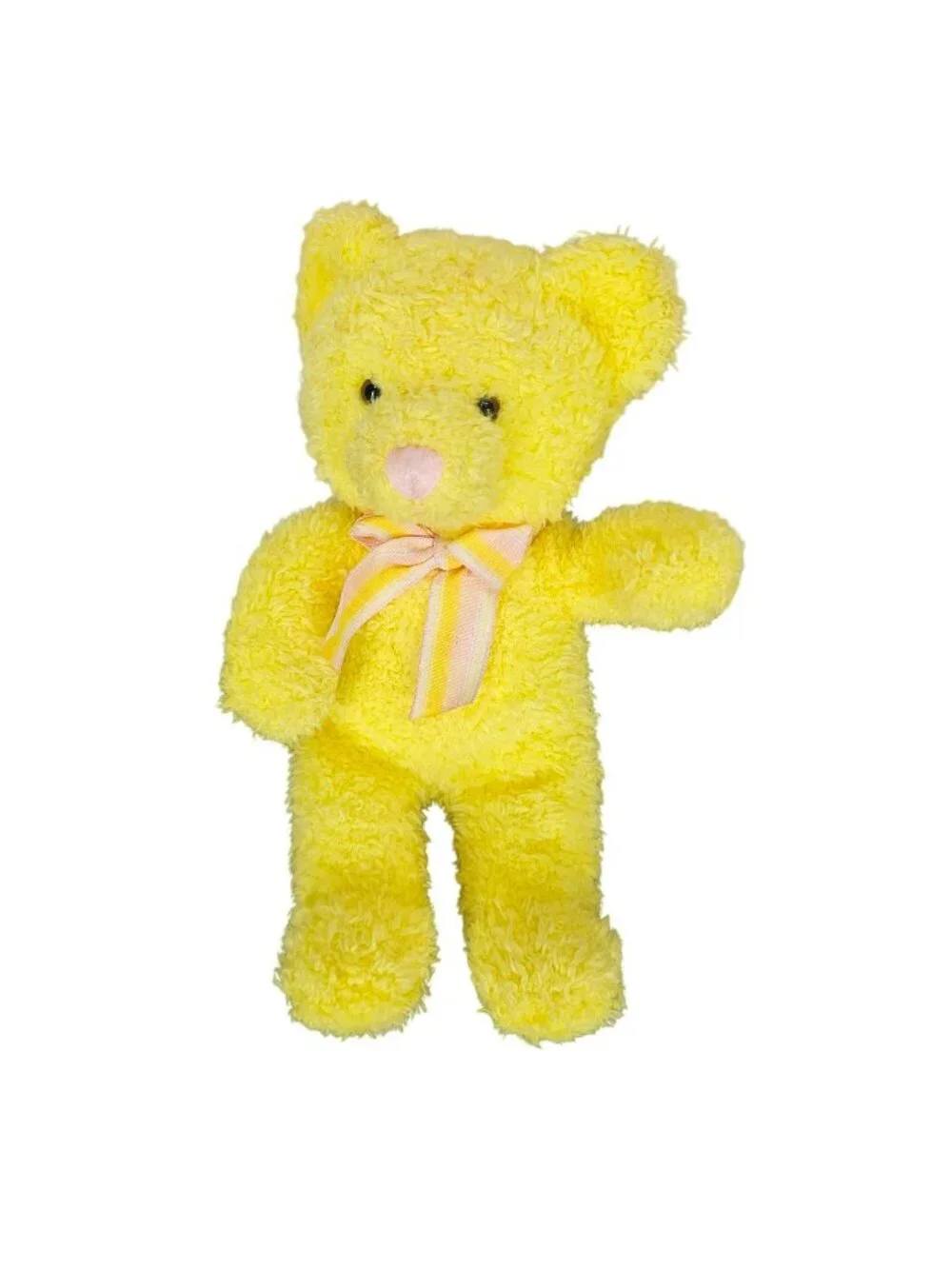 Yellow Teddy Bear Plush By Russ Berrie With Pink Nose & Plaid Bow Stuffed Animal